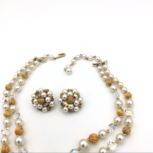 Vintage Jewelry Set Necklace Earrings Faux Pearl - Picture 3 of 6